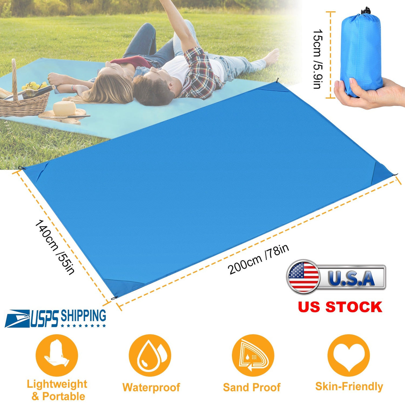 Portable Beach Blanket 4.6’ x 6.6’ Waterproof Foldable Camping Rug Pocket Sandproof Picnic Mat for Camping Picnic Hiking Grass Travel