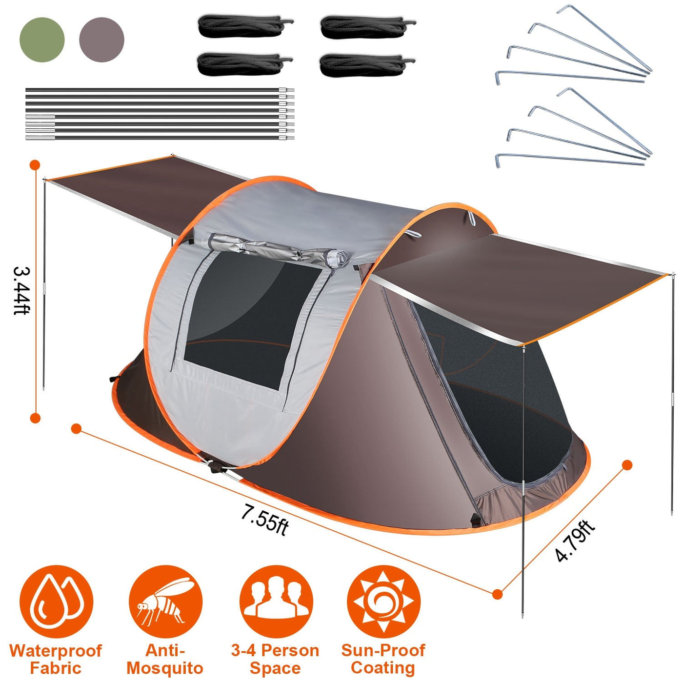 3-4 Person Pop Up Tent Automatic Setup Camping Tent Waterproof Instant Setup Tent with 2 Mosquito Net Windows Carrying Bag for Hiking Climbing Adventu