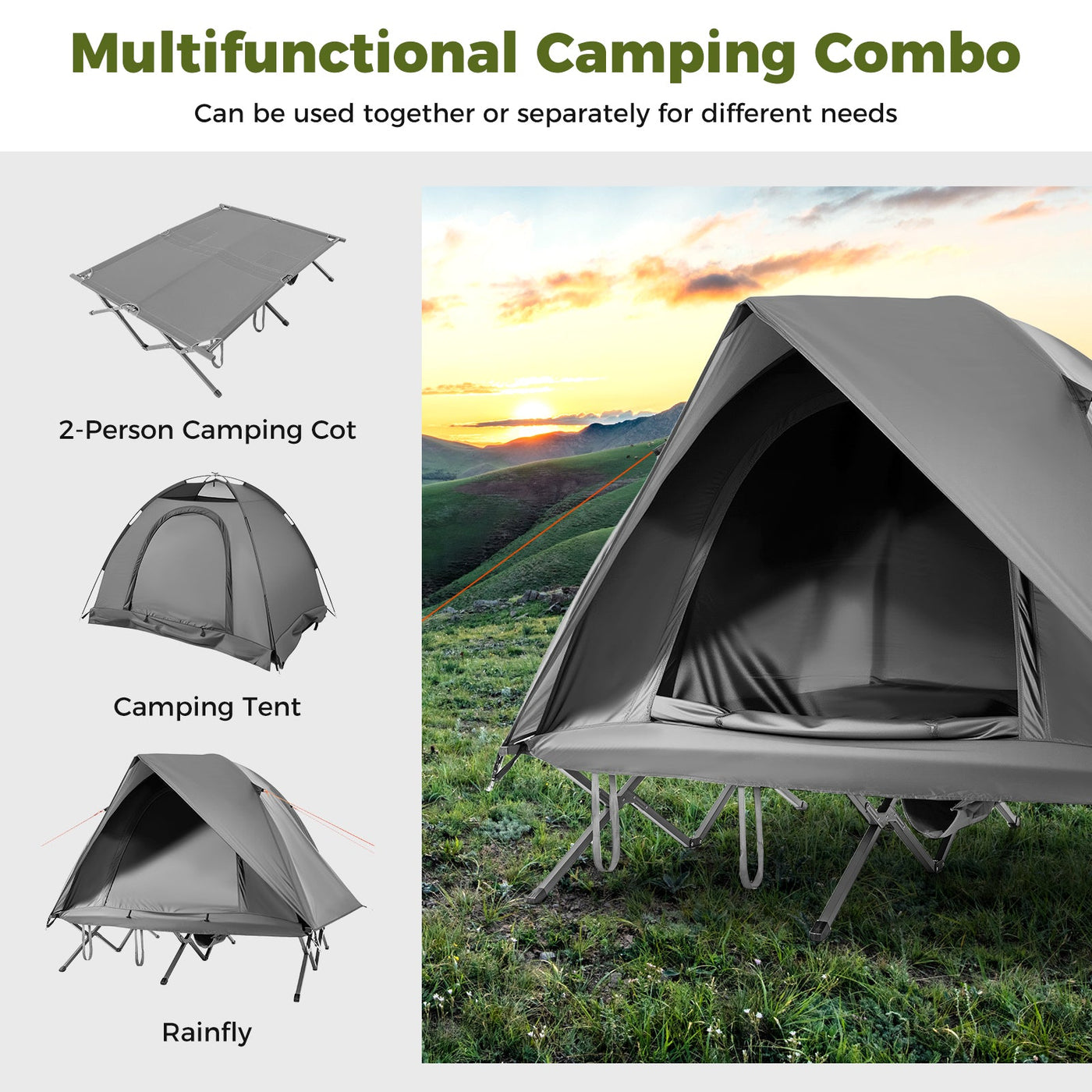 2-Person Camping Cot Tent Foldable Off-Ground Camping Combo for Adults
