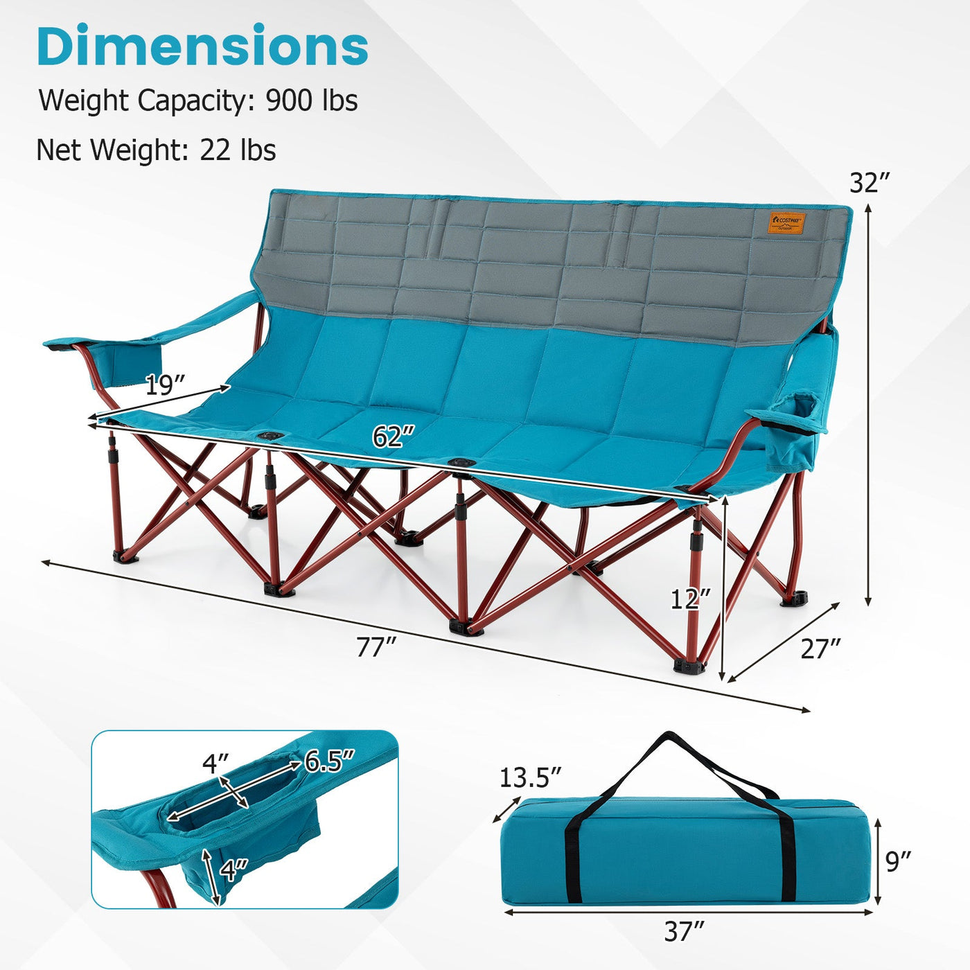 3 Person Folding Camping Chair with 2 Cup Holders Cotton Padding & Storage Bag
