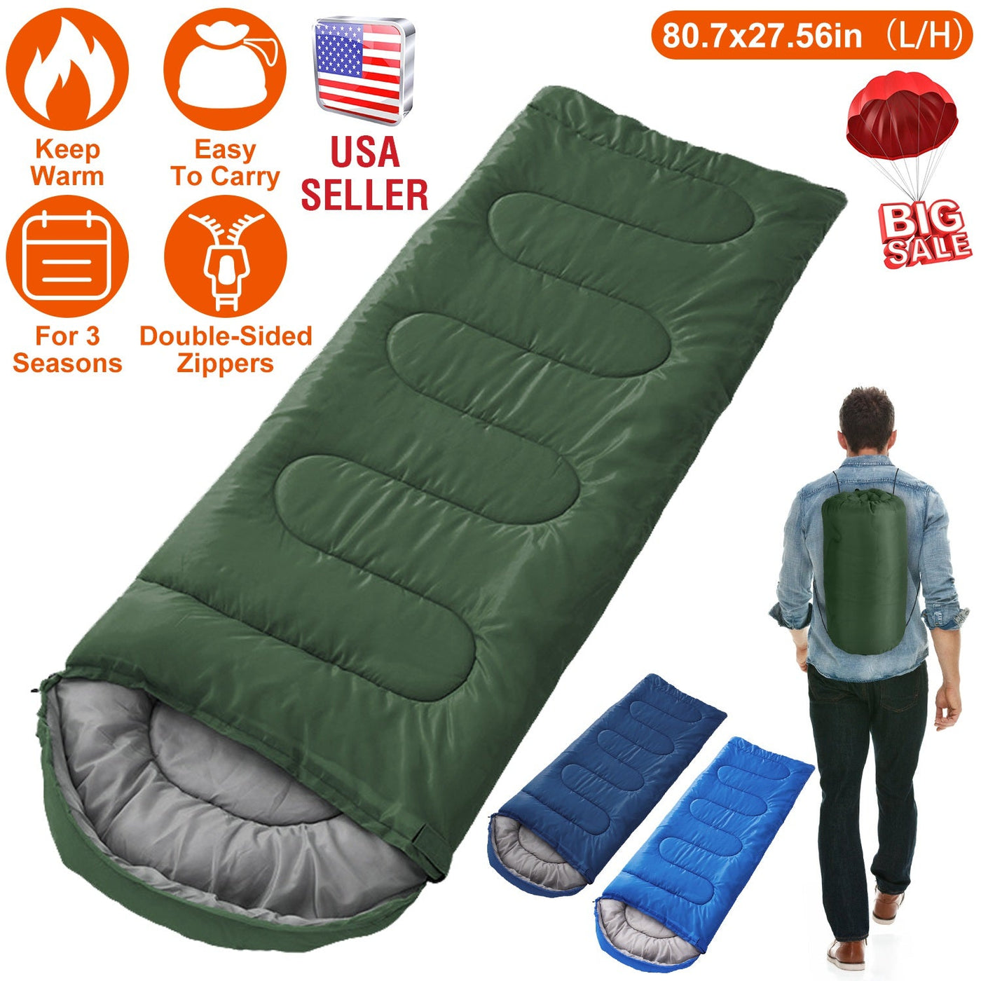 Camping Sleeping Bags for Adults Teens Moisture-Proof Hiking Sleep Bag with Carry Bag 32-50℉ for Spring Autumn Winter Seasons