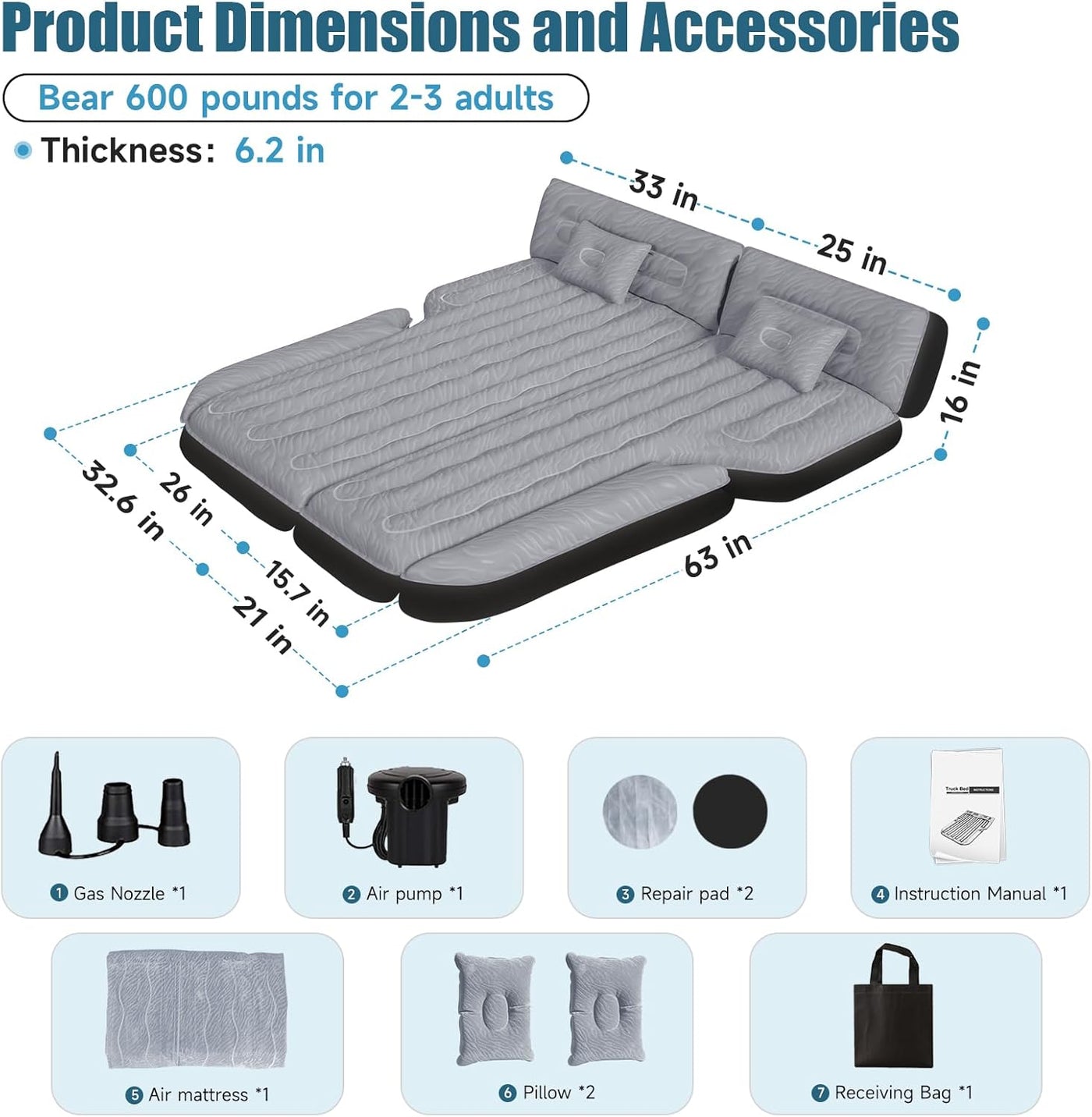 DikaSun 63in Extended SUV Mattress — Quick Inflate, Includes Pump & 2 Pillows,Grey