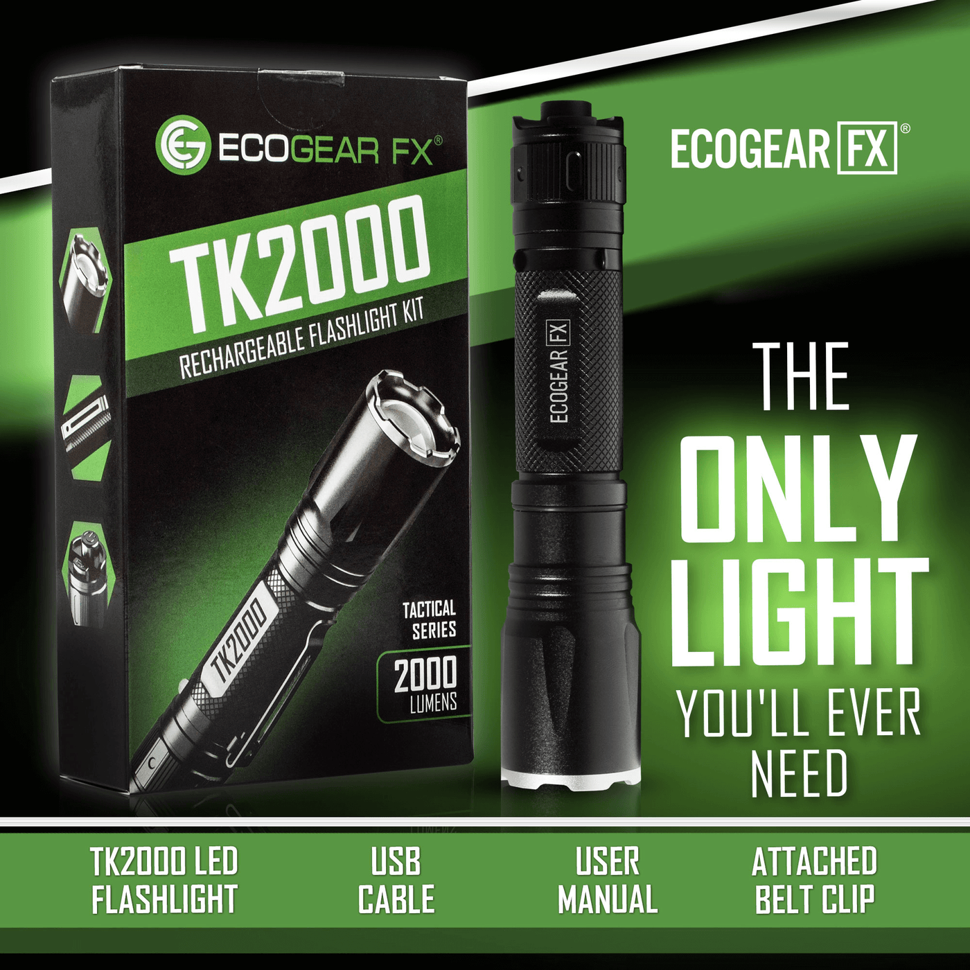 EcoGear FX TK2000 USB Rechargeable LED Tactical Flashlight