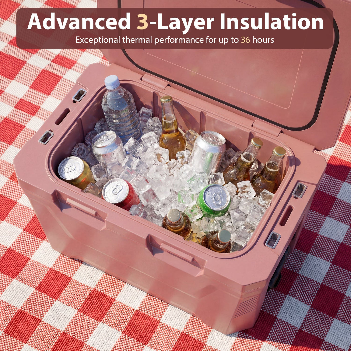 Insulated Portable Cooler Hard Shell Ice Chest with 2 Cup Holders Bottle Opener and Drain Plug