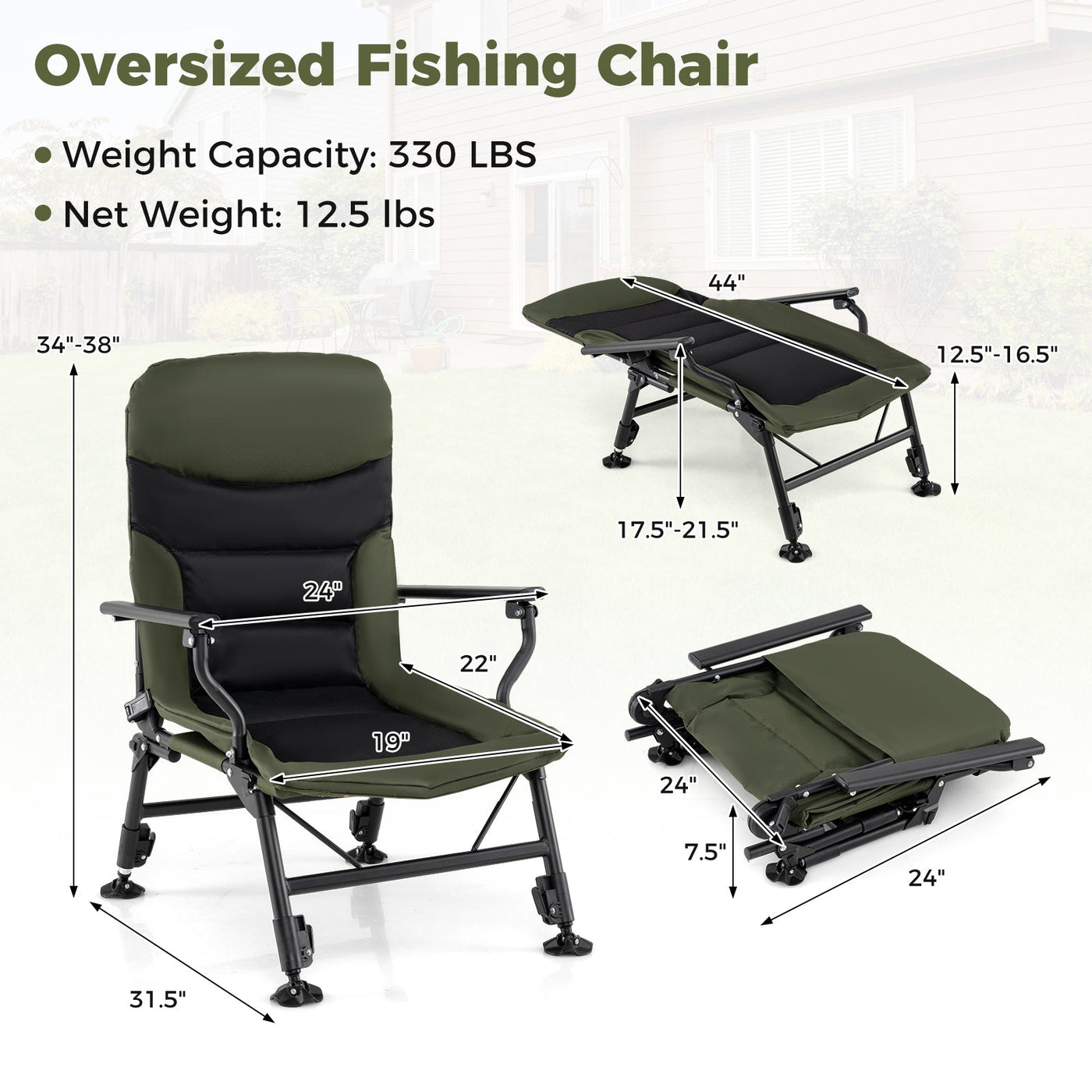 Oversized Foldable Fishing Chair for Adults with Armrest-Green