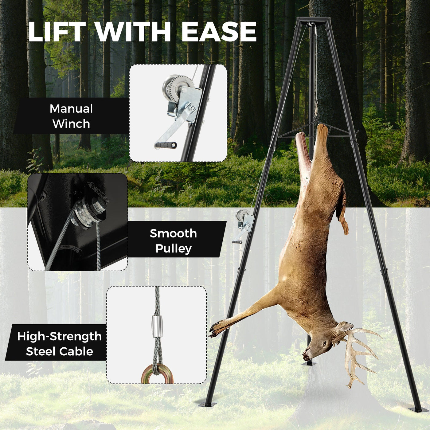 Tripod Game Hoist Deer Hanger 600 LBS Capacity Deer Skinning Rack-Black