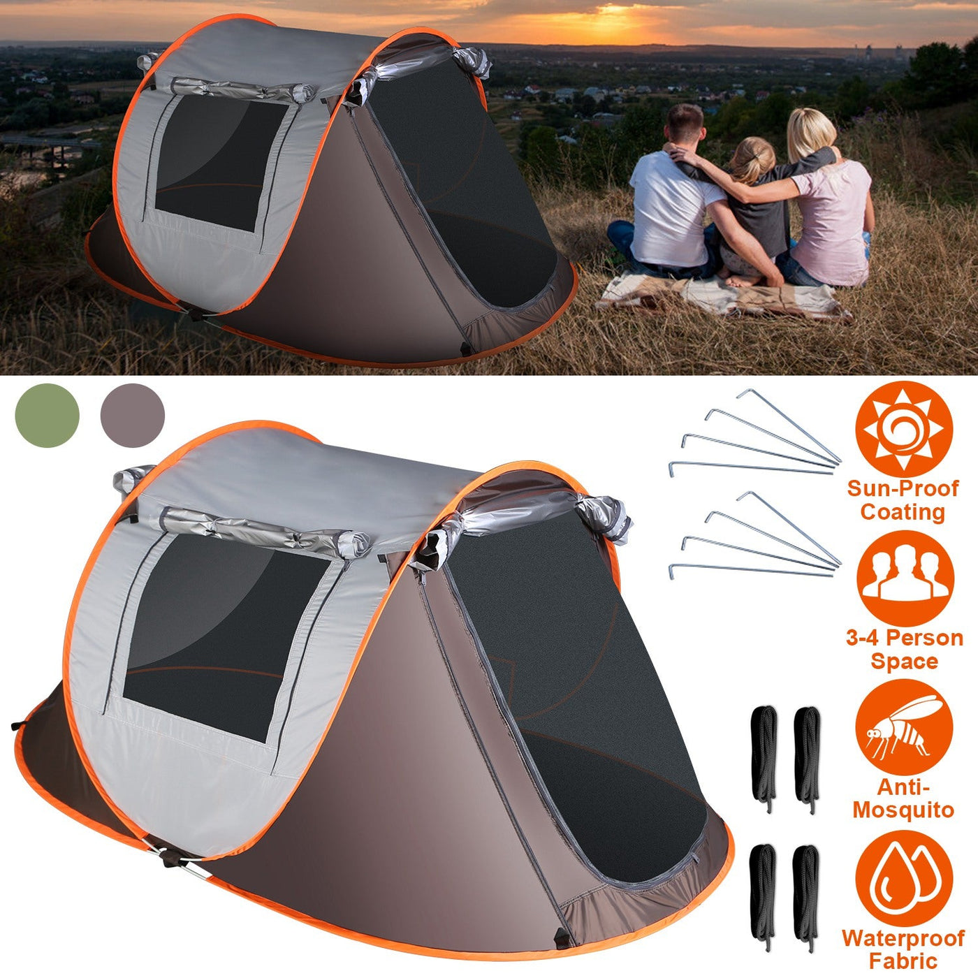 3-4 Person Pop Up Tent Automatic Setup Camping Tent Waterproof Instant Setup Tent with 2 Mosquito Net Windows Carrying Bag for Hiking Climbing Adventu