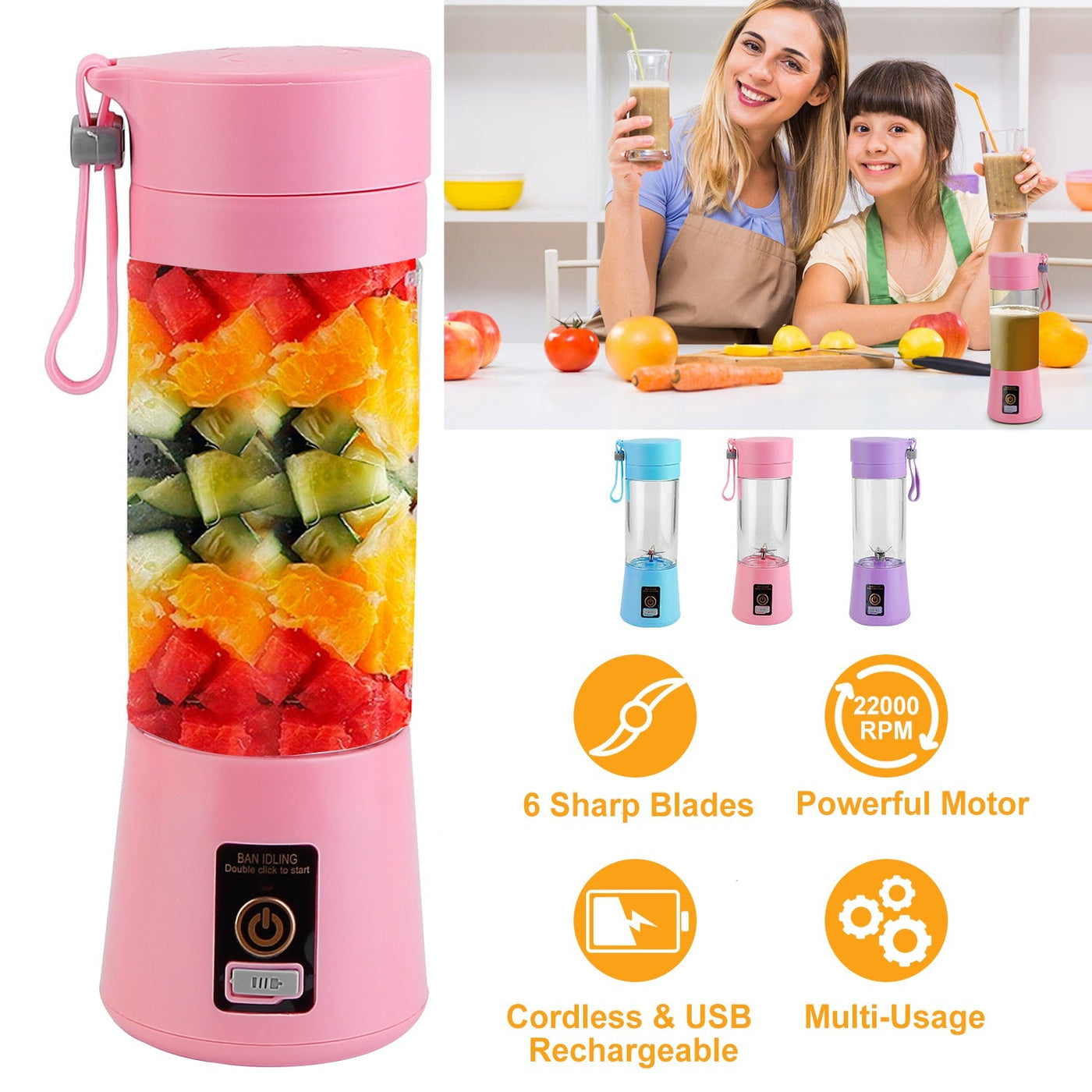 Portable Juicer Blender USB Rechargeable Juicer Cup Fruit Baby Food Mixing Machine w/ 6 Blades Powerful Motor