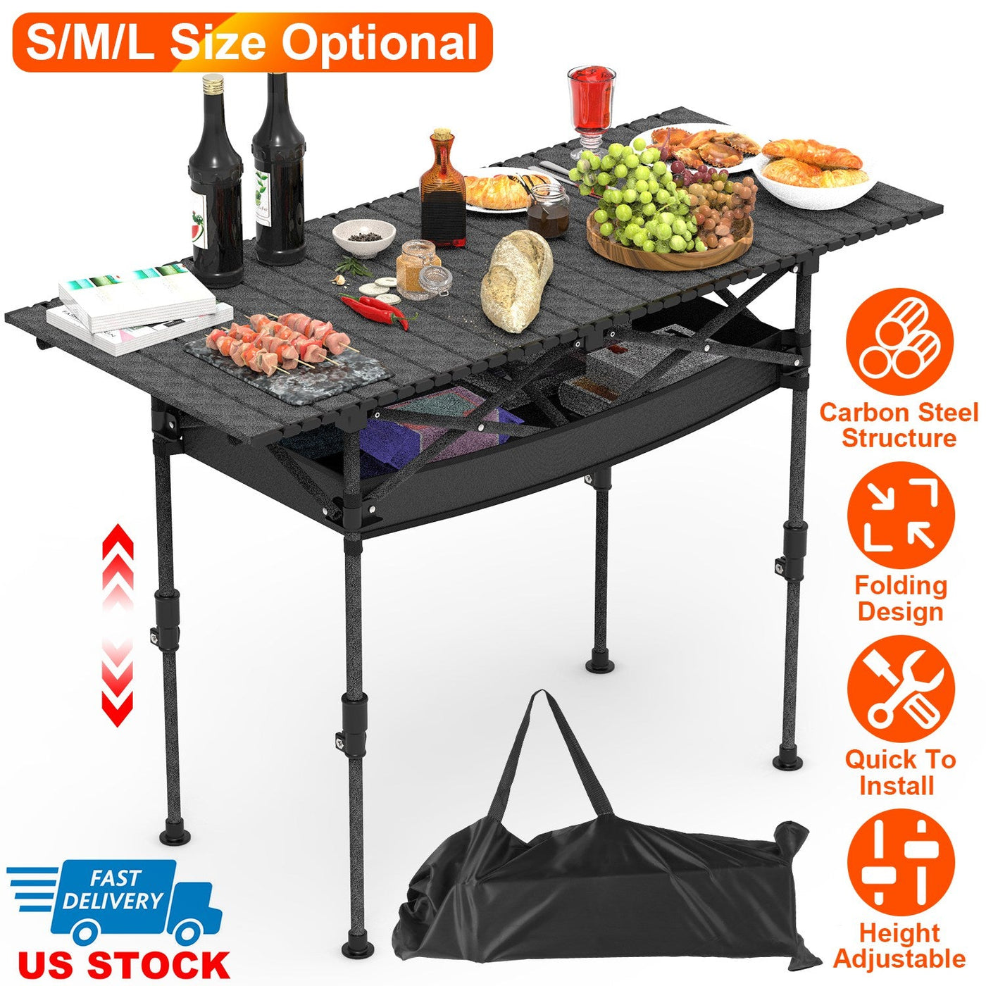Portable Folding Camping Table With Adjustable Height Hanging Net Rustproof Carbon Steel Foldable Roll-Up Camping Table for Picnic Camping Hiking Beac