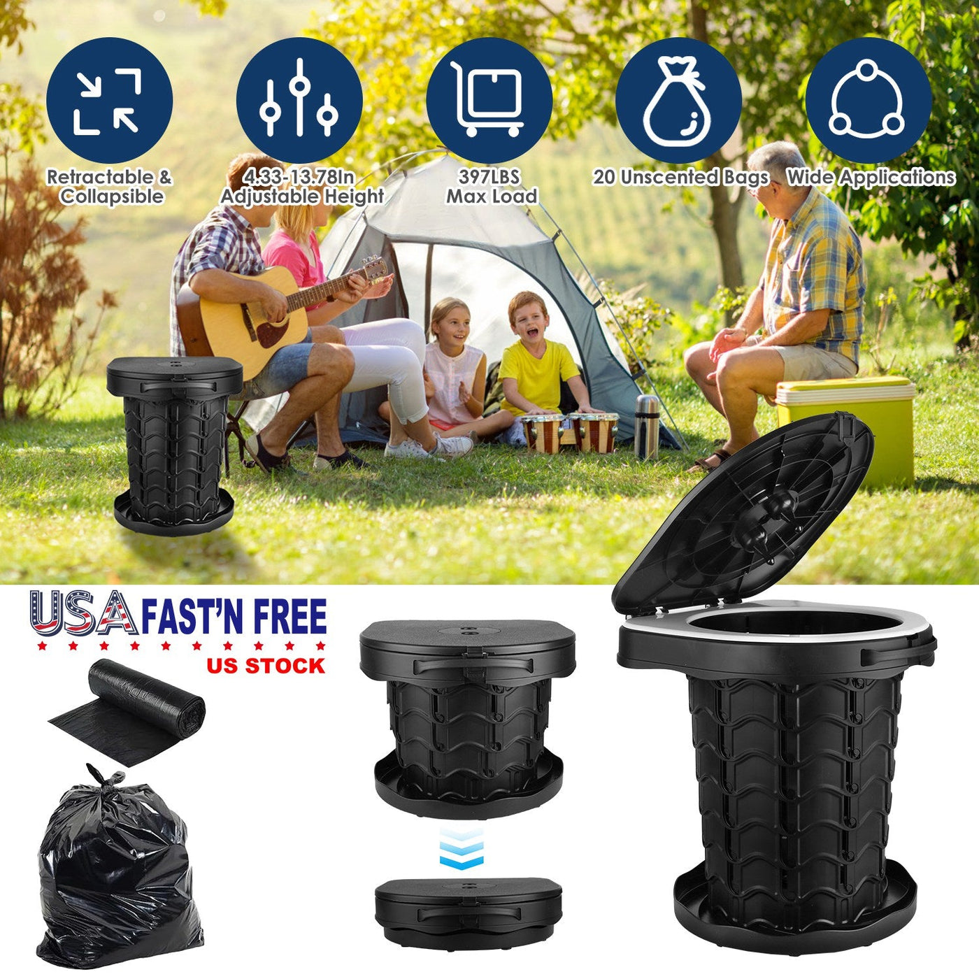 Retractable Portable Toilet Collapsible Portable Potty for Adults Emergency Toilet Kit with Adjustable Height Lid 20 Garage Bags Carry Bag for Camping