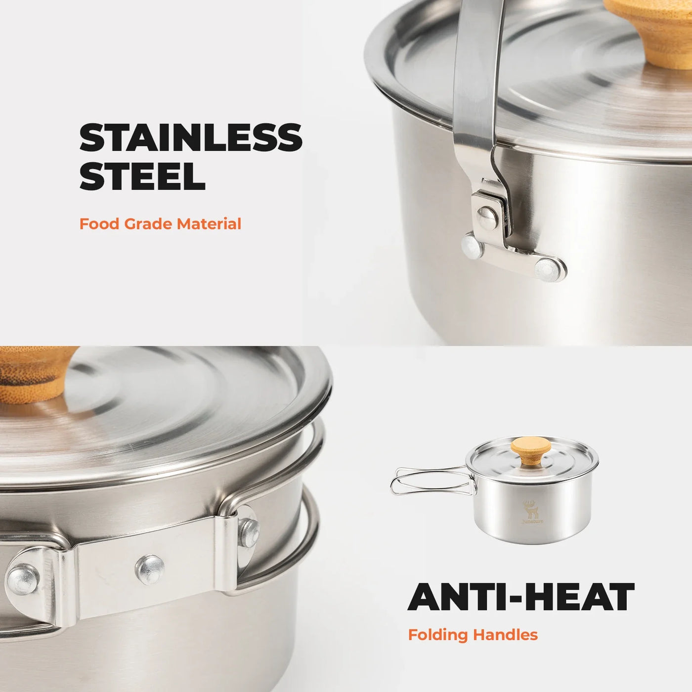 304 Stainless Steel 5-Piece Camping Cookware Set with Teflon Coating